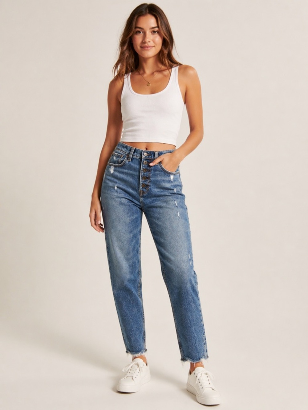 Abercrombie & Fitch The Mom High Rise Button Fly Distressed Short Denim Jeans